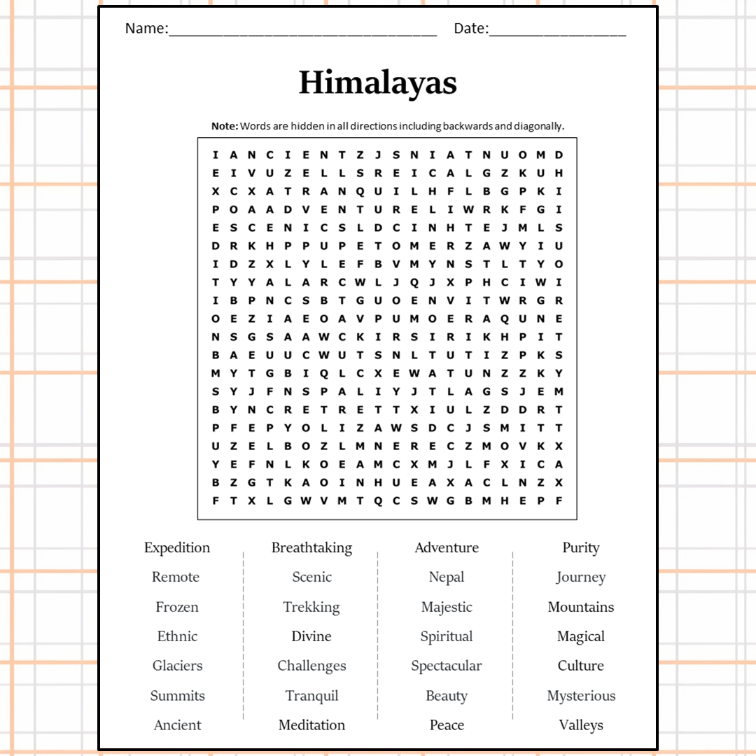 Himalayas Word Search Puzzle Worksheet Activity PDF