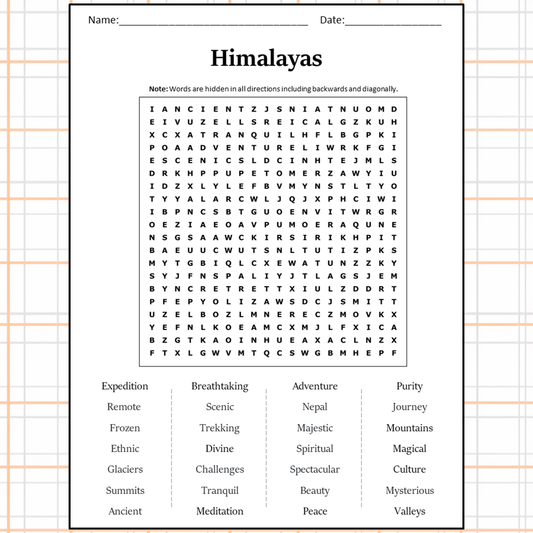 Himalayas Word Search Puzzle Worksheet Activity PDF