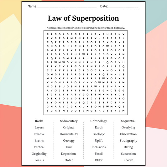 Law Of Superposition Word Search Puzzle Worksheet Activity PDF