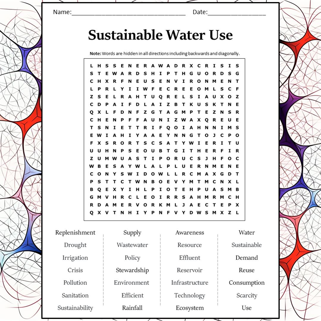 Sustainable Water Use Word Search Puzzle Worksheet Activity PDF