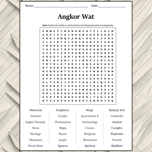 Angkor Wat Word Search Puzzle Worksheet Activity PDF