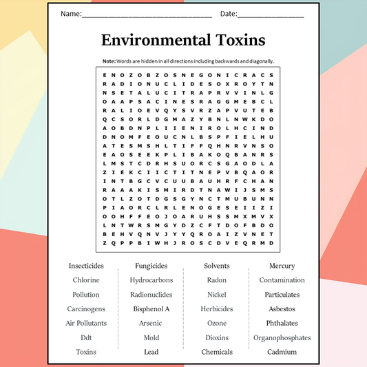 Environmental Toxins Word Search Puzzle Worksheet Activity PDF