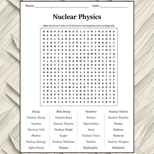 Nuclear Physics Word Search Puzzle Worksheet Activity PDF