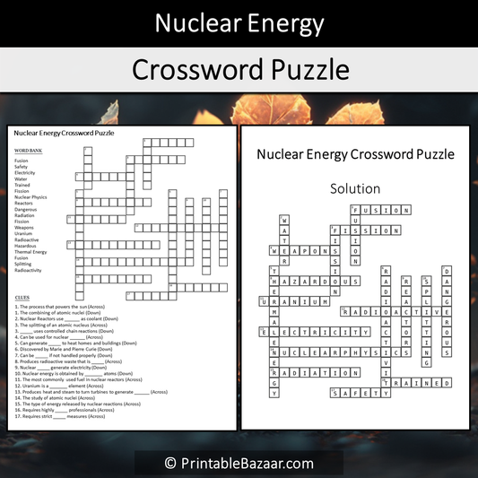 Nuclear Energy Crossword Puzzle Worksheet Activity Printable PDF