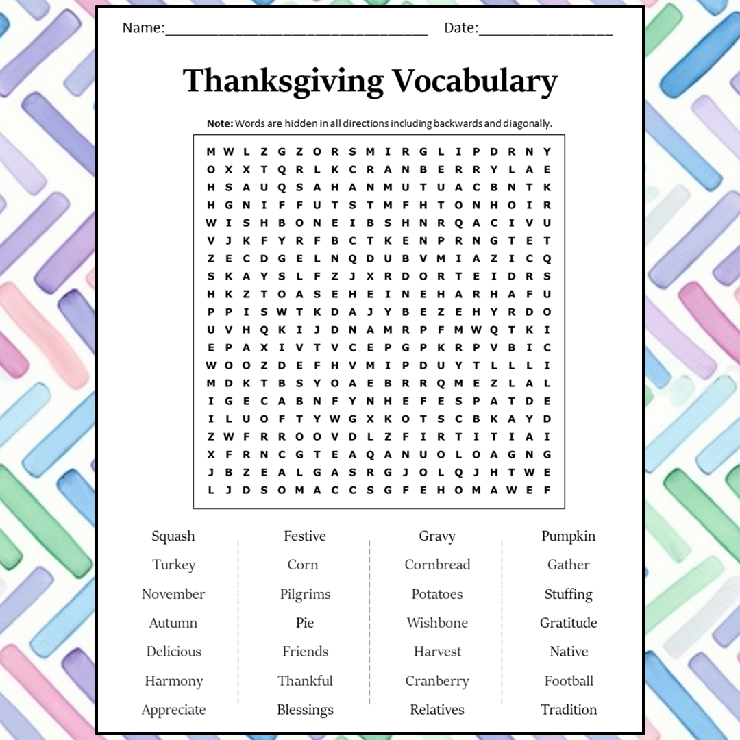 Thanksgiving Vocabulary Word Search Puzzle Worksheet Activity PDF