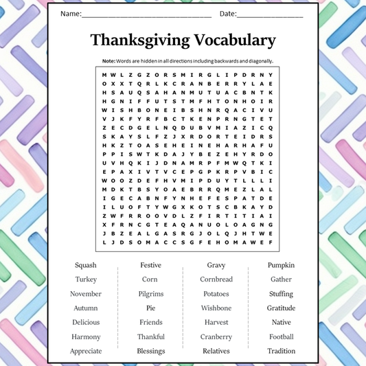 Thanksgiving Vocabulary Word Search Puzzle Worksheet Activity PDF