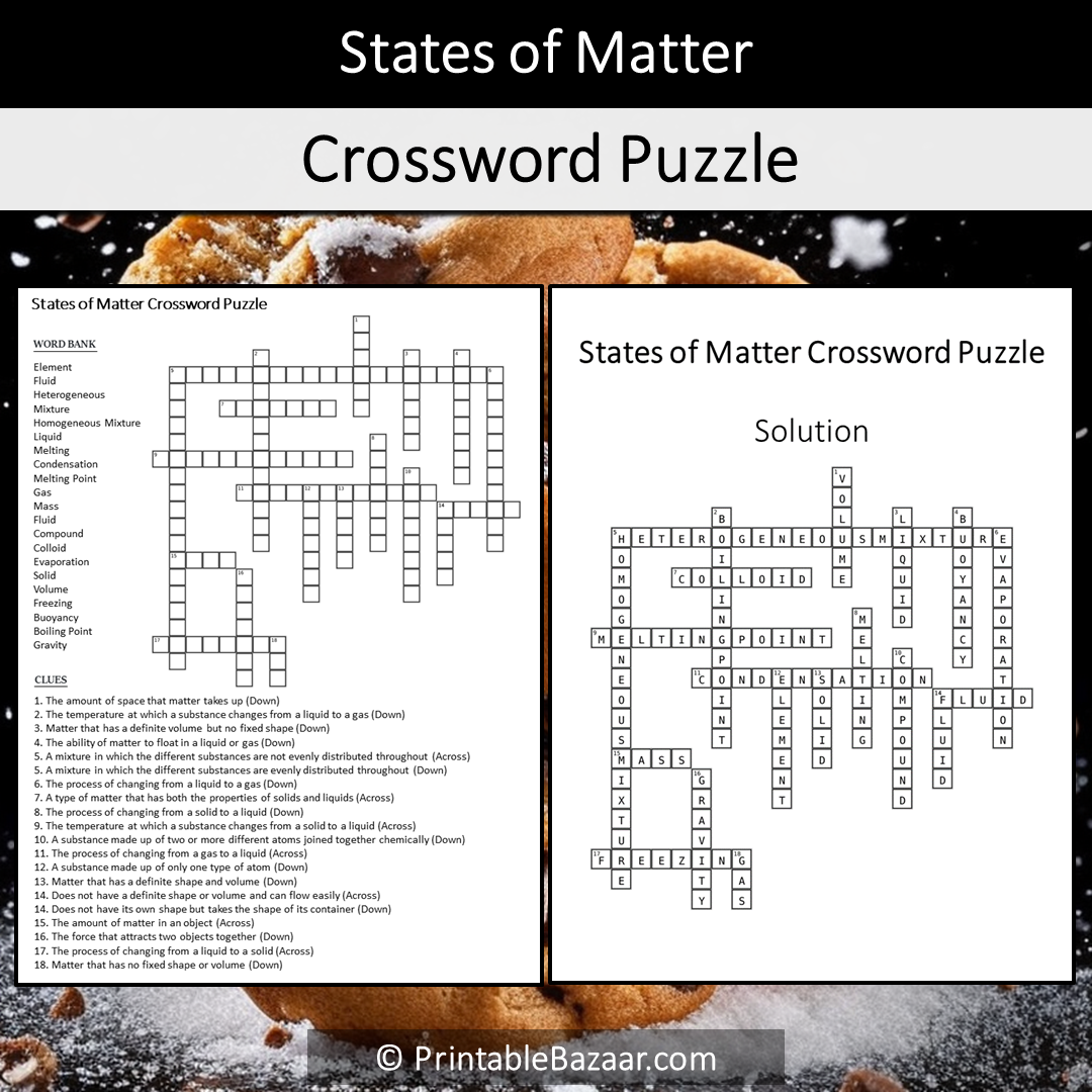 States Of Matter Crossword Puzzle Worksheet Activity Printable PDF