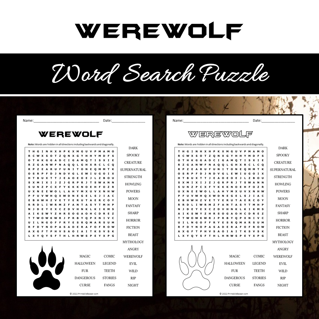 Werewolf Word Search Puzzle Worksheet PDF