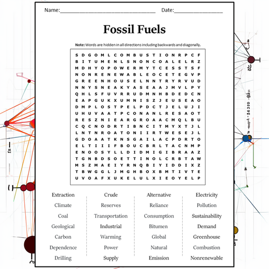 Fossil Fuels Word Search Puzzle Worksheet Activity PDF