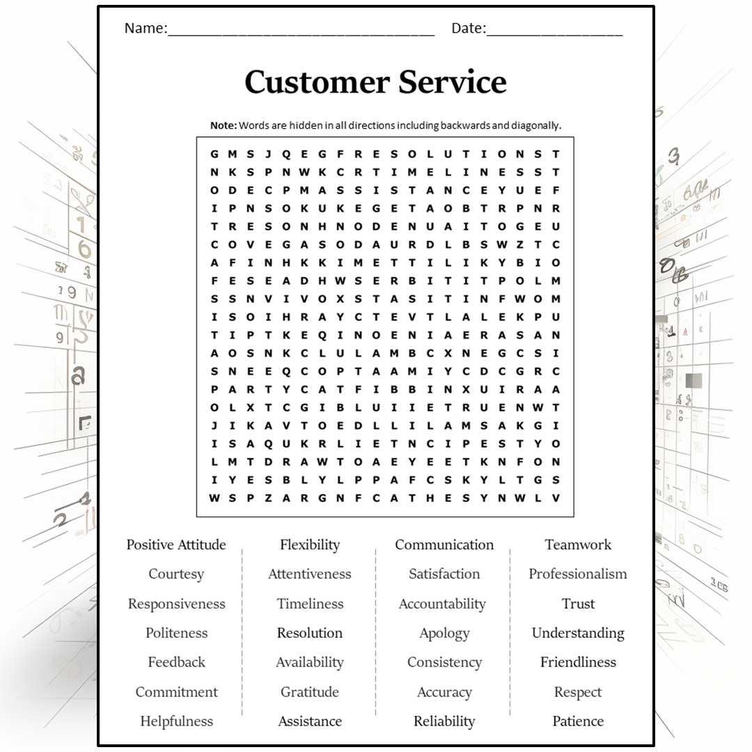 Customer Service Word Search Puzzle Worksheet Activity PDF