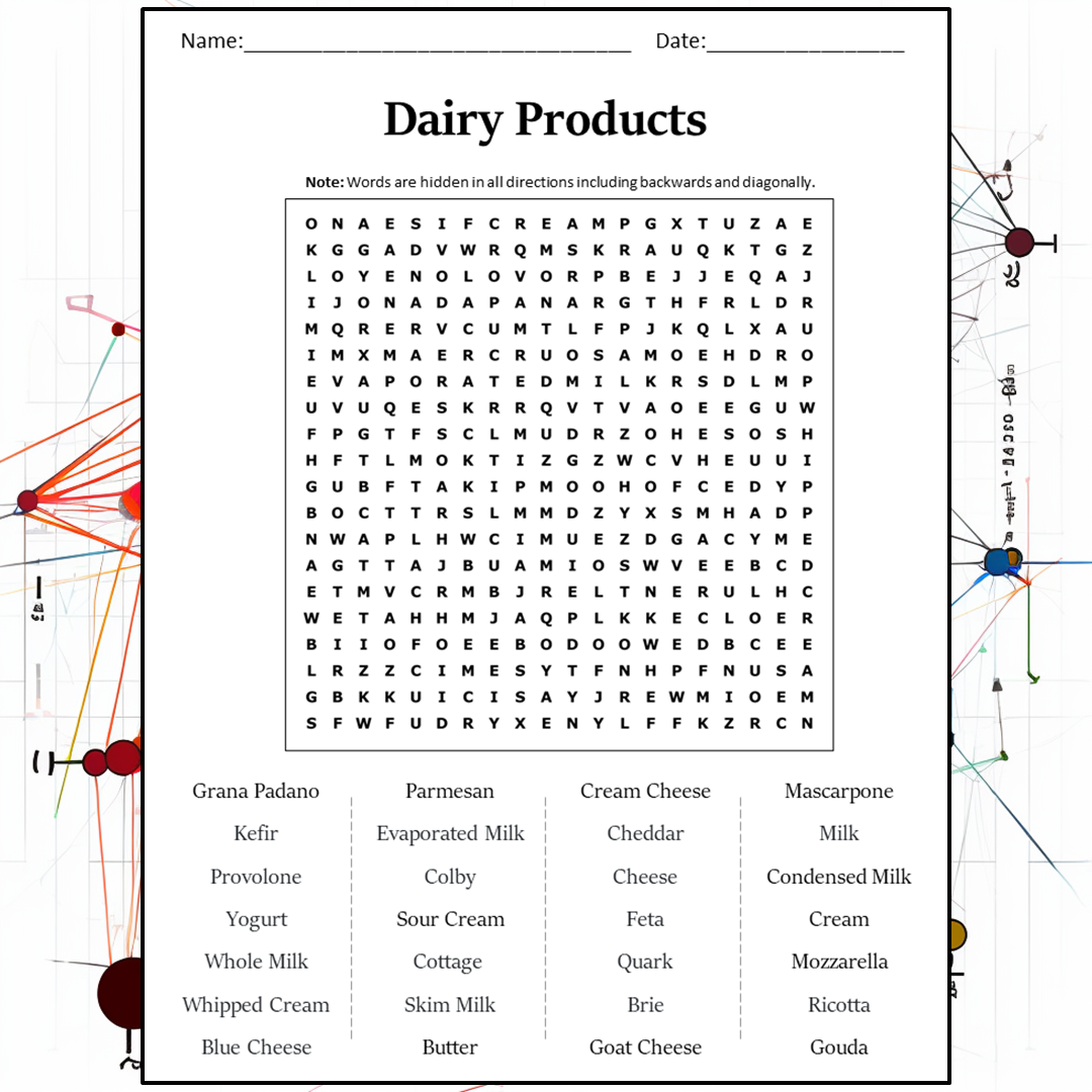 Dairy Products Word Search Puzzle Worksheet Activity PDF