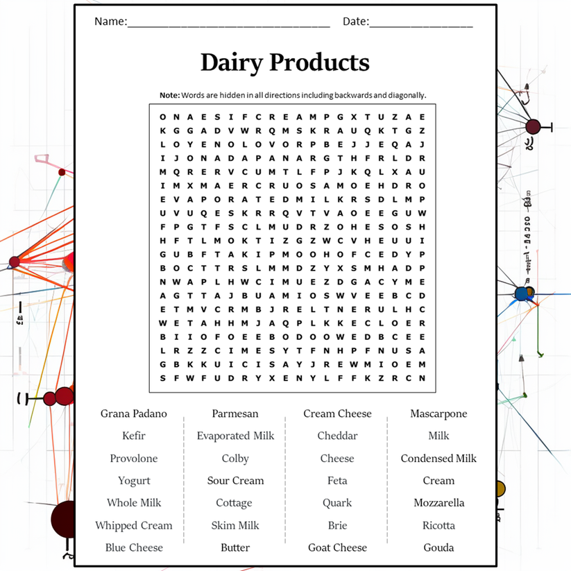 Dairy Products Word Search Puzzle Worksheet Activity PDF PrintableBazaar