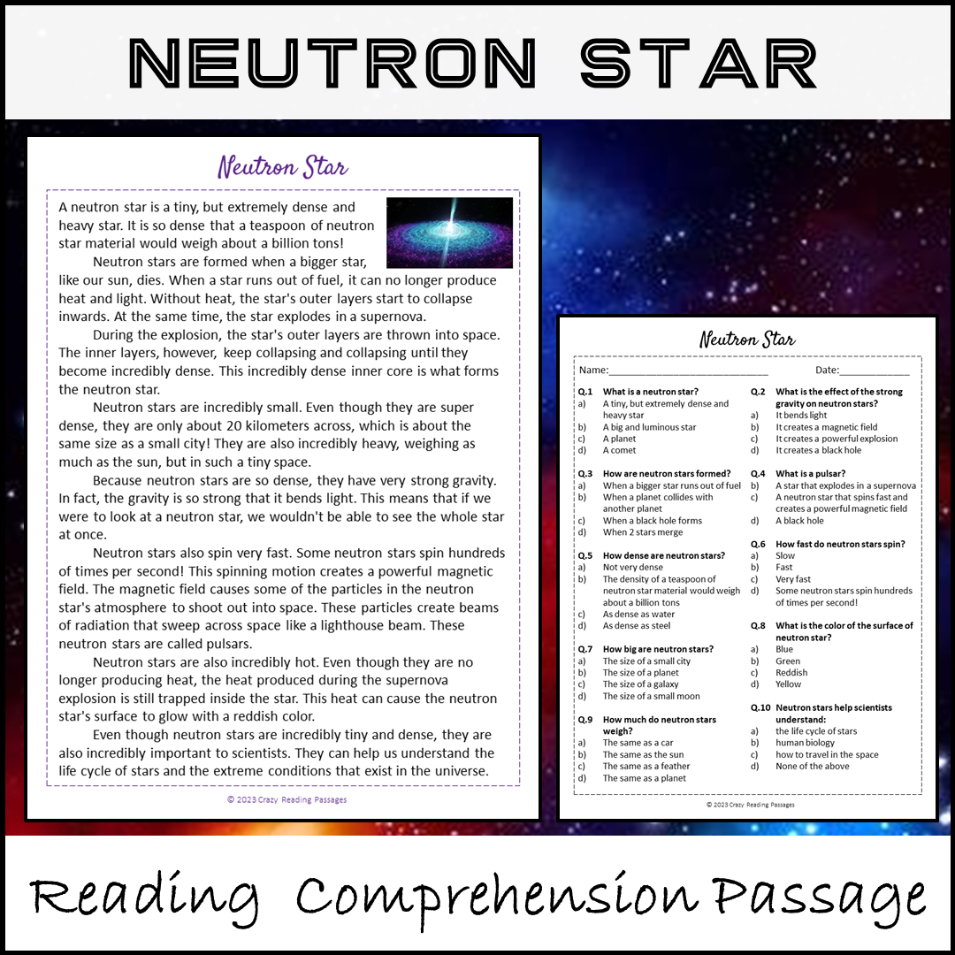 Neutron Star Reading Comprehension Passage and Questions | Printable PDF