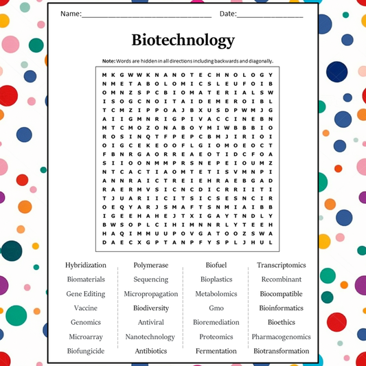 Biotechnology Word Search Puzzle Worksheet Activity PDF