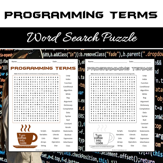 Programming Terms Word Search Puzzle Worksheet PDF