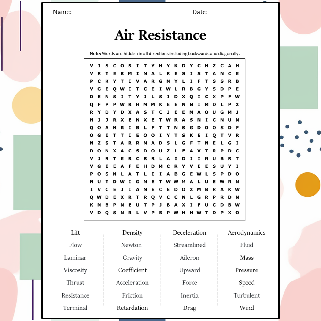 Air Resistance Word Search Puzzle Worksheet Activity PDF