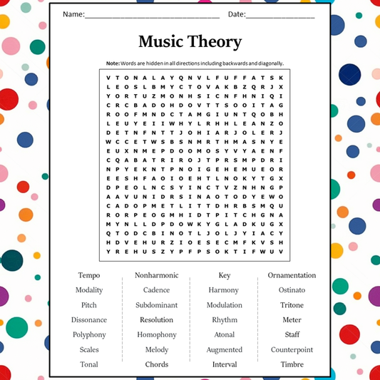 Music Theory Word Search Puzzle Worksheet Activity PDF