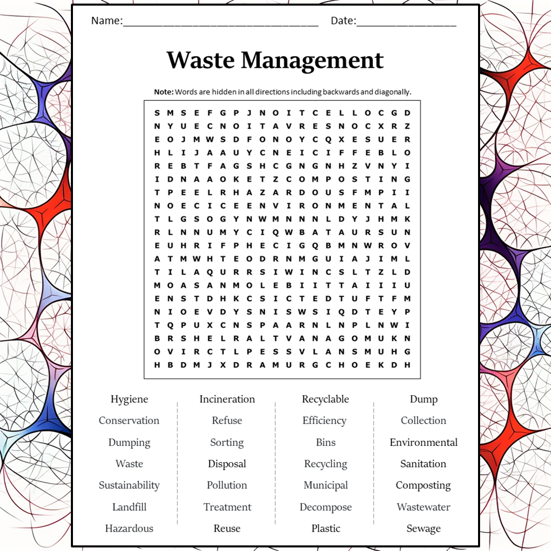 Waste Management Word Search Puzzle Worksheet Activity PDF