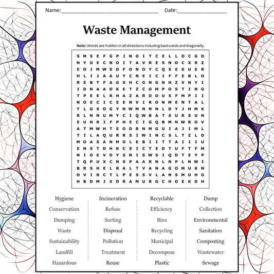 Waste Management Word Search Puzzle Worksheet Activity PDF