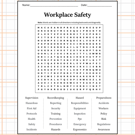 Workplace Safety Word Search Puzzle Worksheet Activity PDF