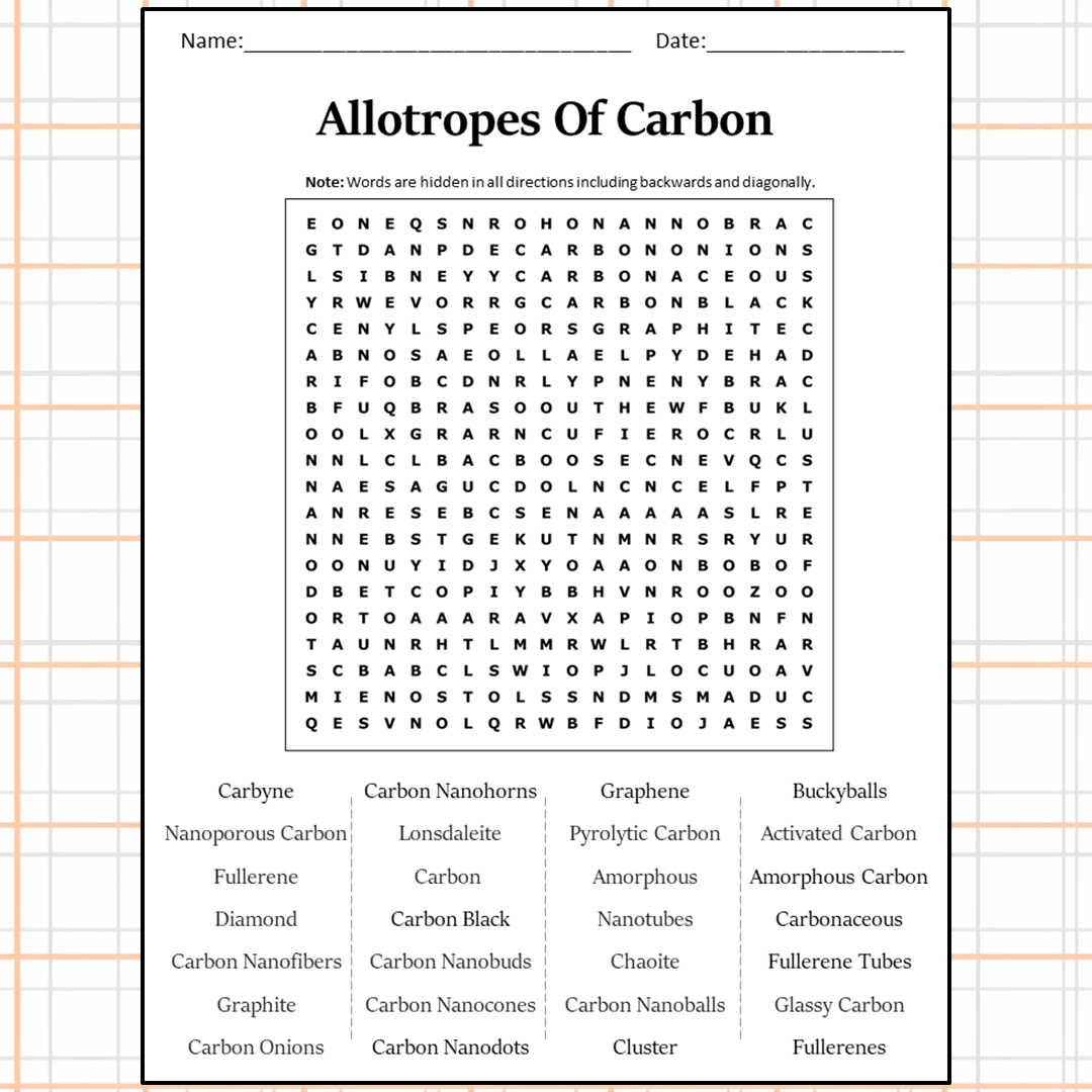 Allotropes Of Carbon Word Search Puzzle Worksheet Activity PDF