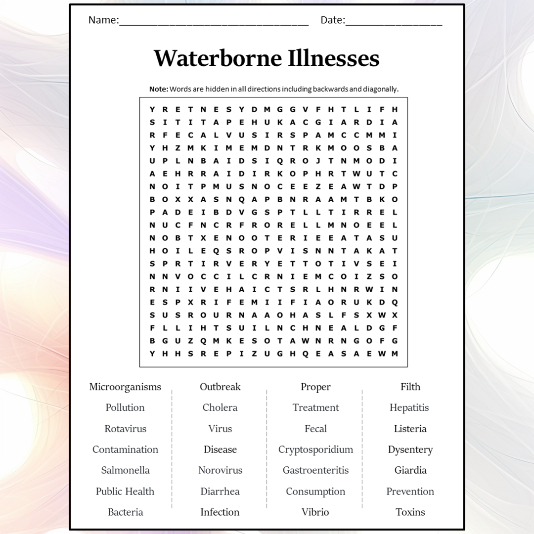 Waterborne Illnesses Word Search Puzzle Worksheet Activity PDF