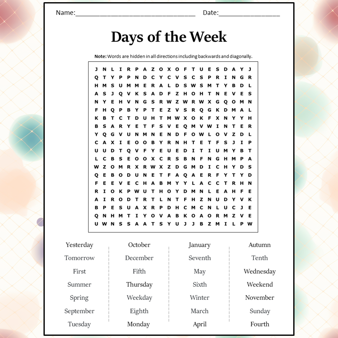 Days Of The Week Word Search Puzzle Worksheet Activity PDF ...