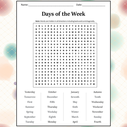 Days Of The Week Word Search Puzzle Worksheet Activity PDF