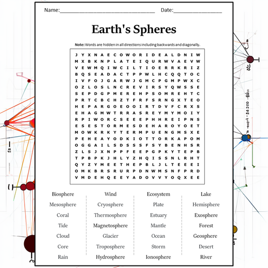Earth's Spheres Word Search Puzzle Worksheet Activity PDF