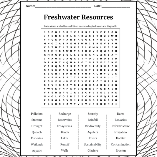 Freshwater Resources Word Search Puzzle Worksheet Activity PDF