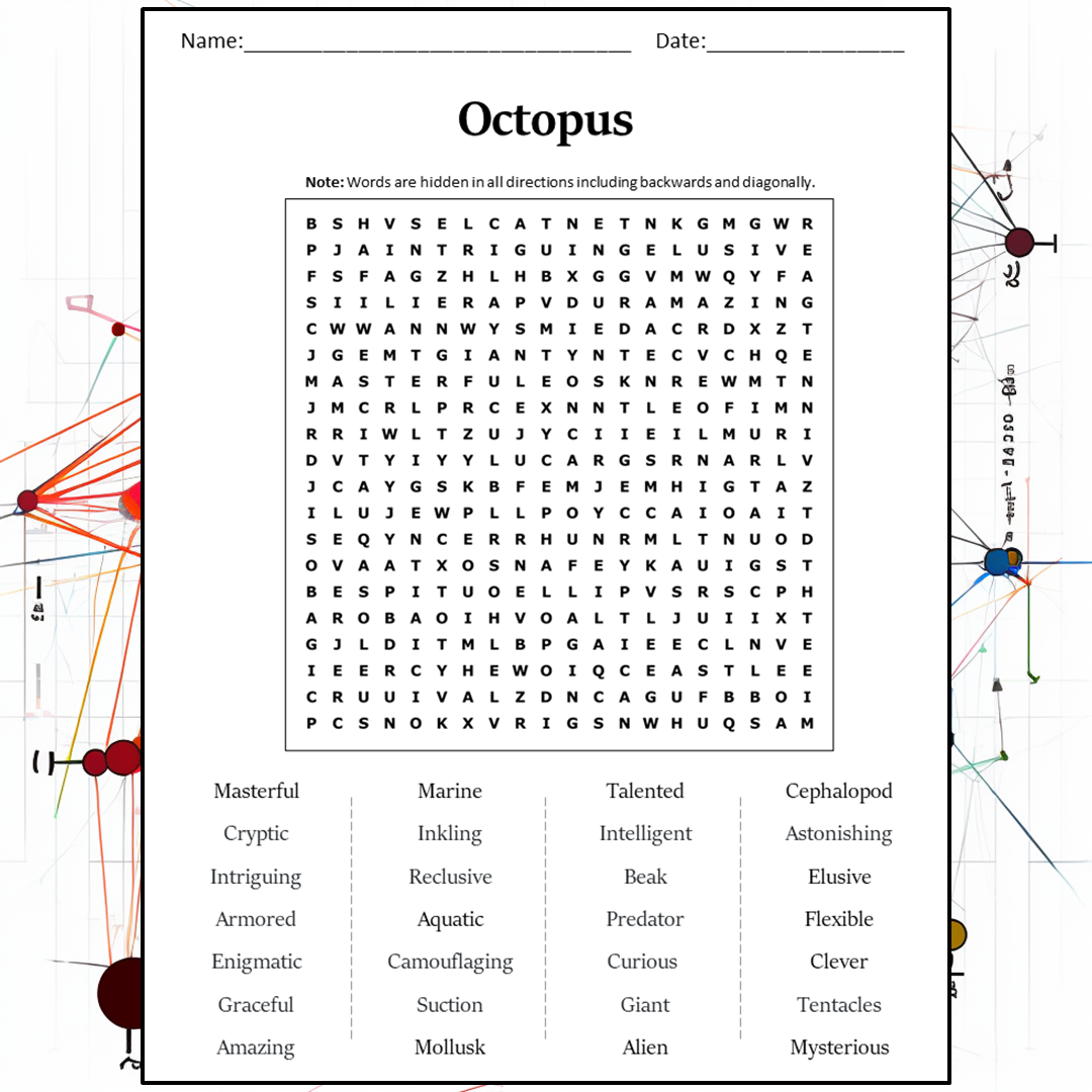 Octopus Word Search Puzzle Worksheet Activity PDF