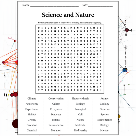 Science And Nature Word Search Puzzle Worksheet Activity PDF