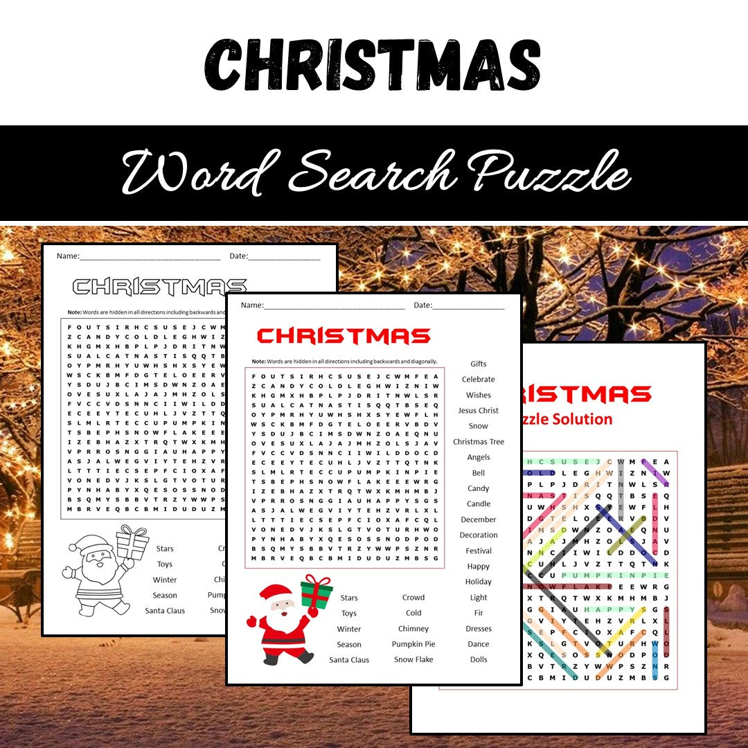 Christmas Word Search Puzzle Worksheet PDF