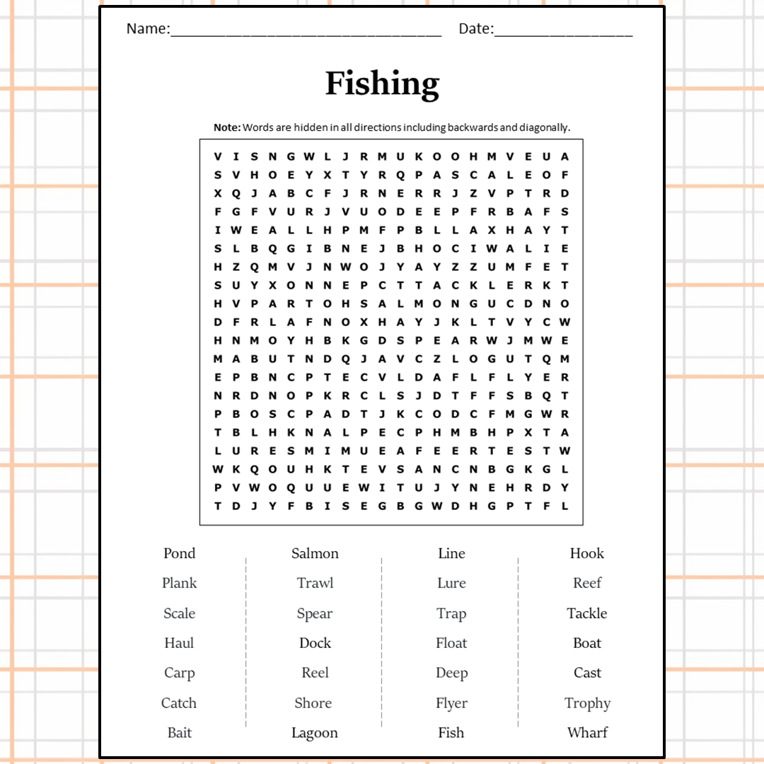 Fishing Word Search Puzzle Worksheet Activity PDF