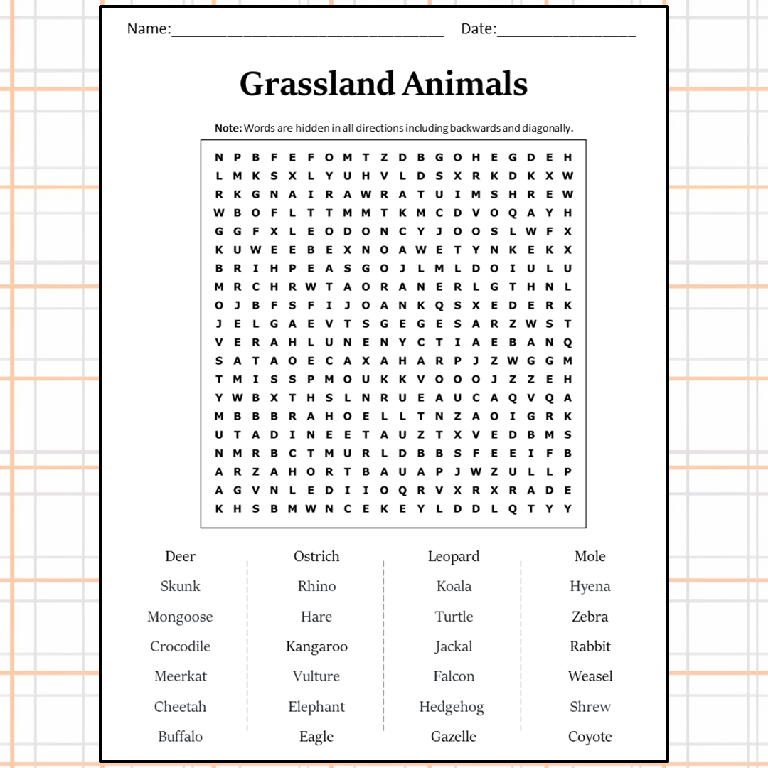 Grassland Animals Word Search Puzzle Worksheet Activity PDF