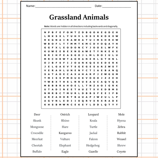 Grassland Animals Word Search Puzzle Worksheet Activity PDF