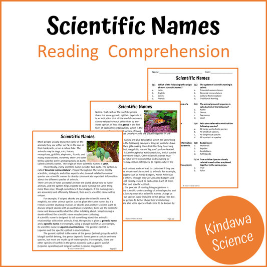 Scientific Names Reading Comprehension Passage and Questions | Printable PDF