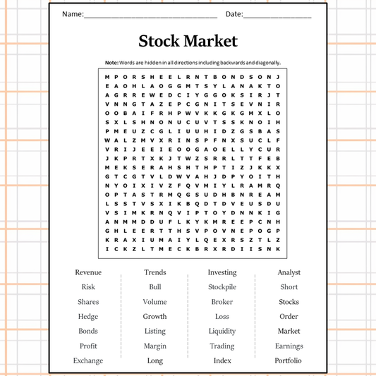 Stock Market Word Search Puzzle Worksheet Activity PDF