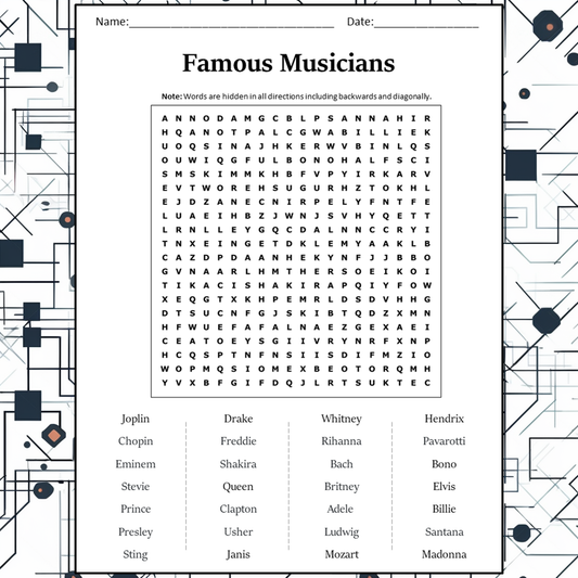 Famous Musicians Word Search Puzzle Worksheet Activity PDF