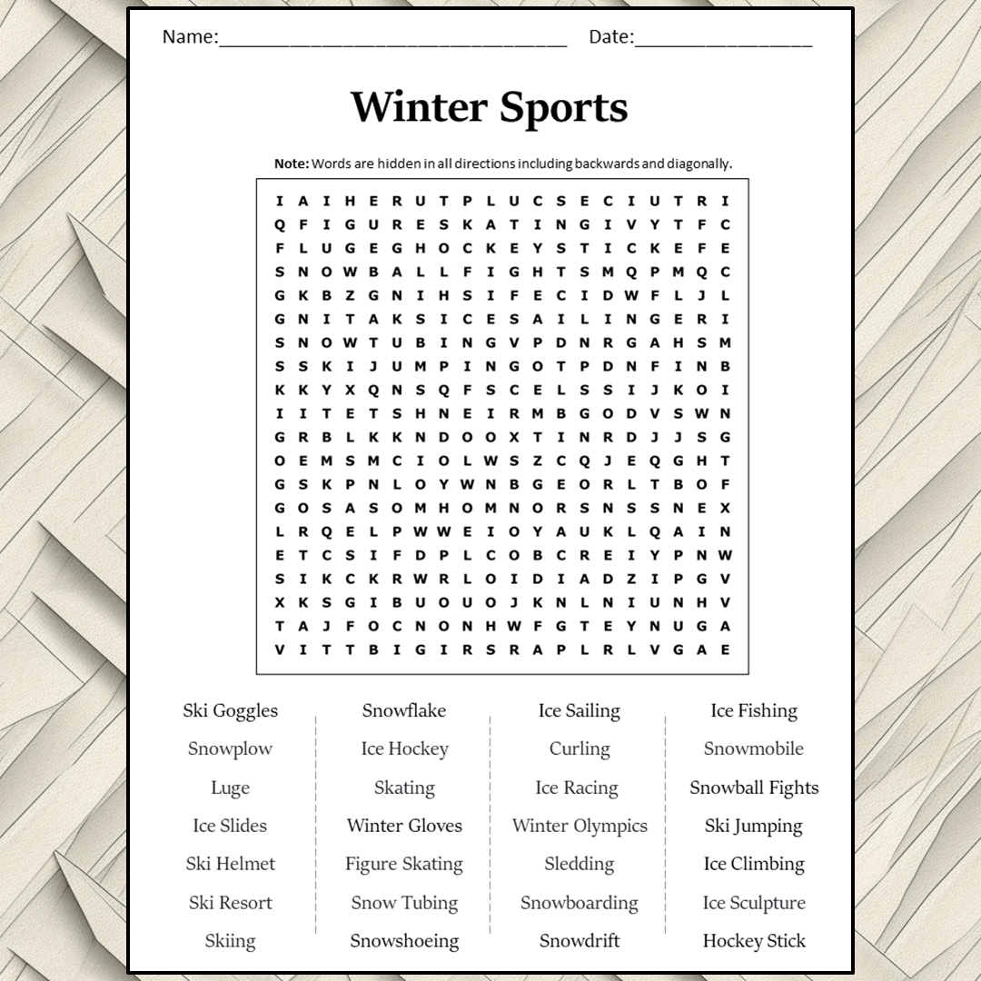 Winter Sports Word Search Puzzle Worksheet Activity PDF