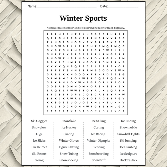 Winter Sports Word Search Puzzle Worksheet Activity PDF