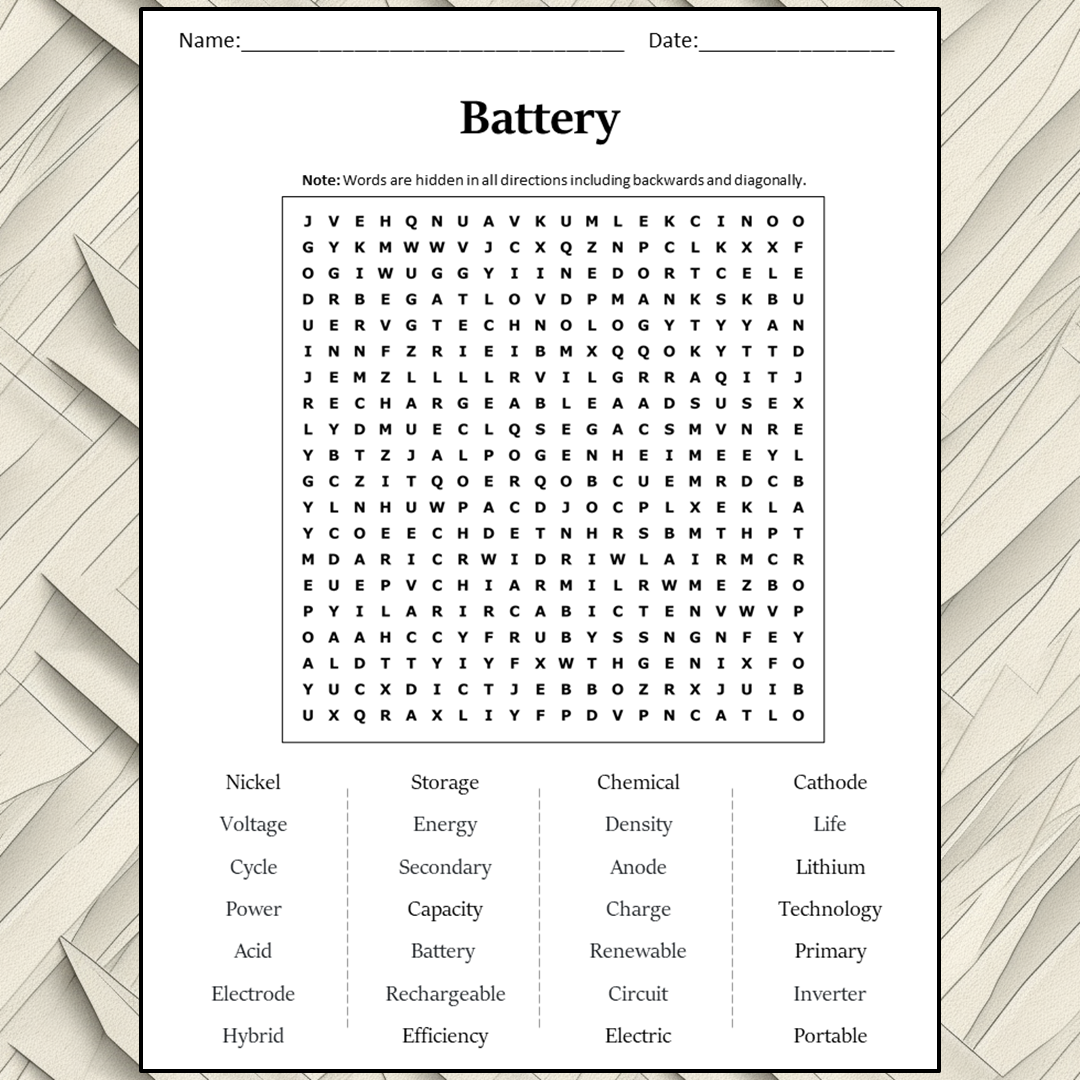 Battery Word Search Puzzle Worksheet Activity PDF