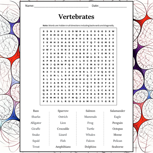 Vertebrates Word Search Puzzle Worksheet Activity PDF