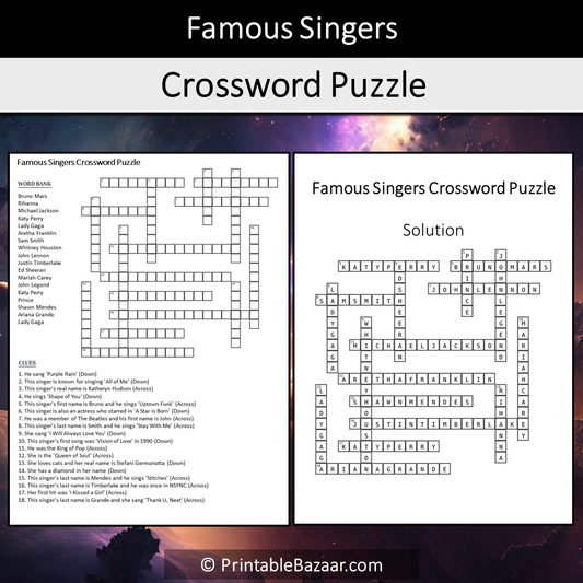 Famous Singers Crossword Puzzle Worksheet Activity Printable PDF