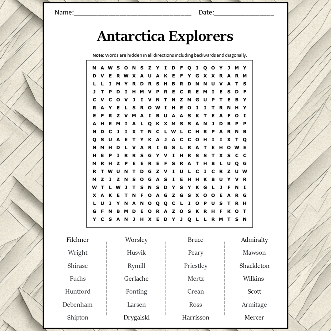 Antarctica Explorers Word Search Puzzle Worksheet Activity PDF