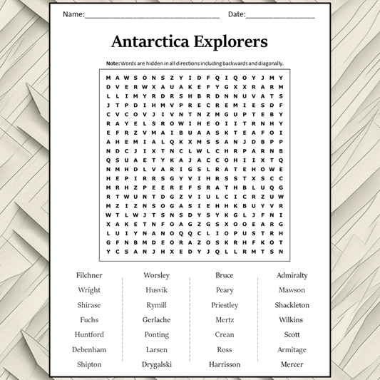 Antarctica Explorers Word Search Puzzle Worksheet Activity PDF