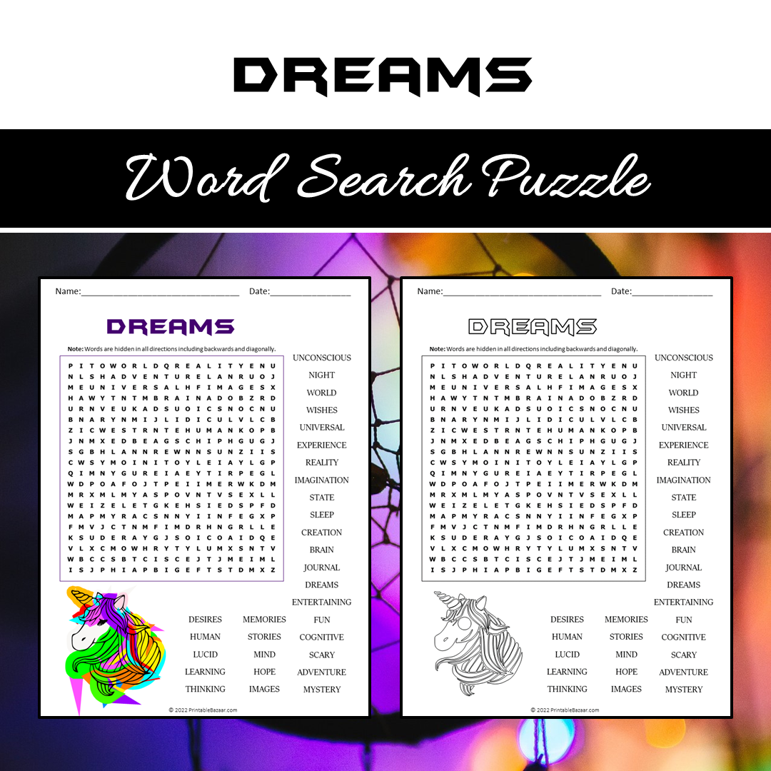 Dreams Word Search Puzzle Worksheet PDF