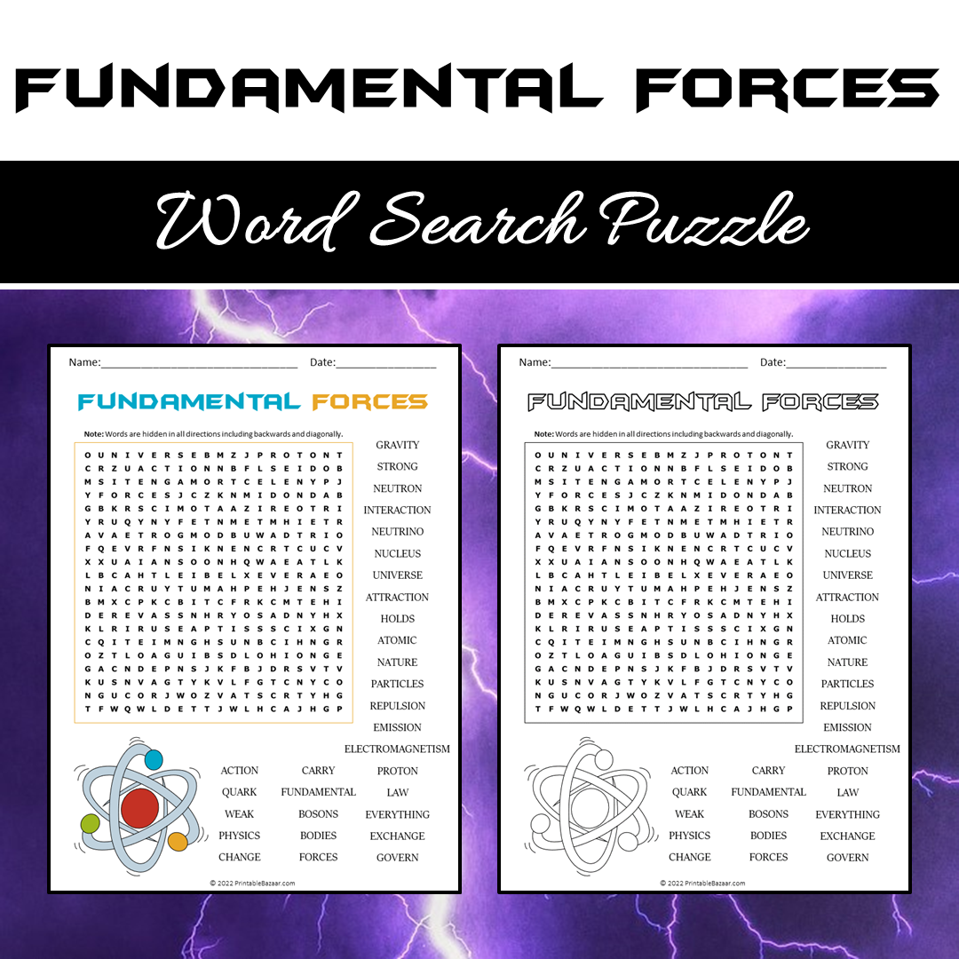 Fundamental Forces Word Search Puzzle Worksheet PDF