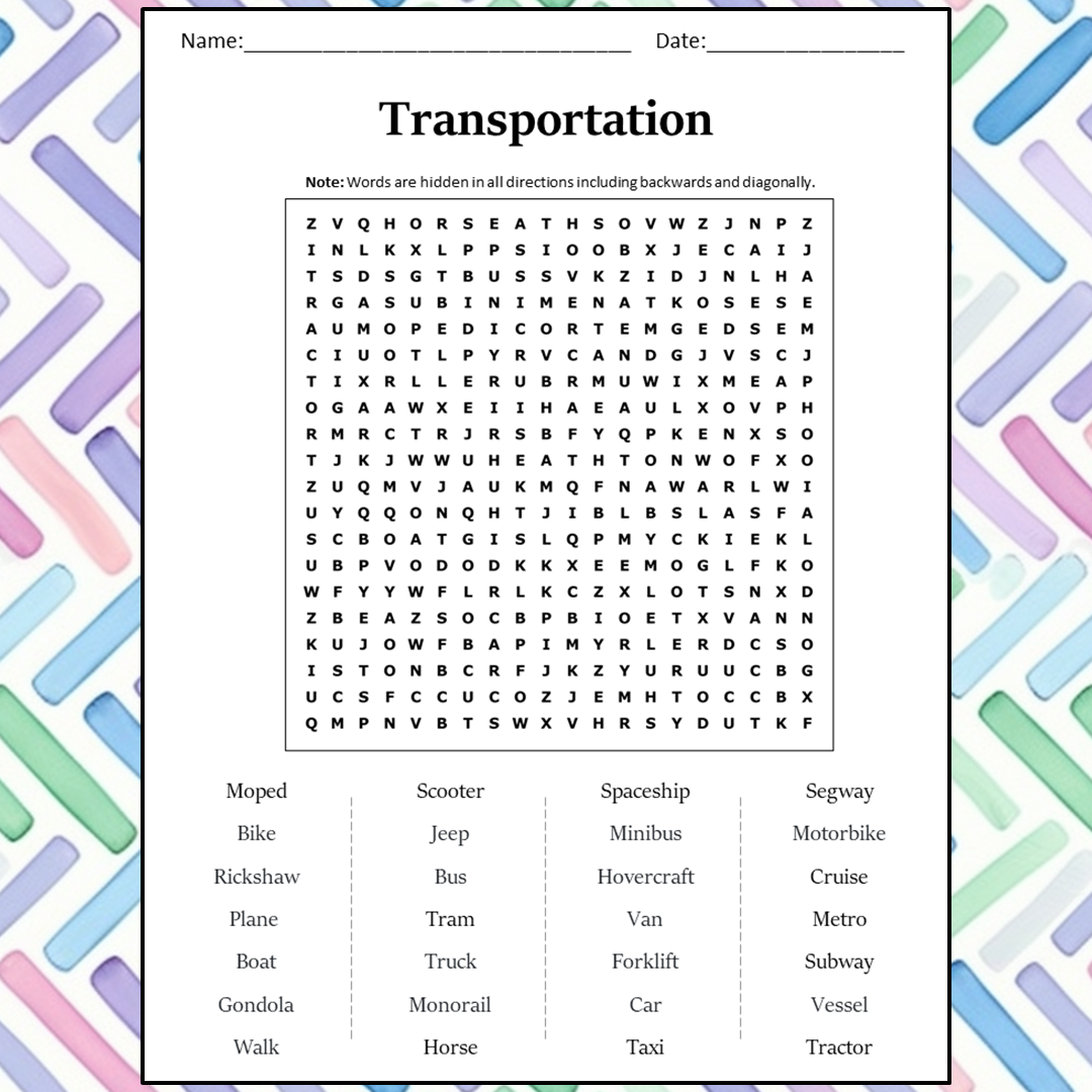 Transportation Word Search Puzzle Worksheet Activity PDF