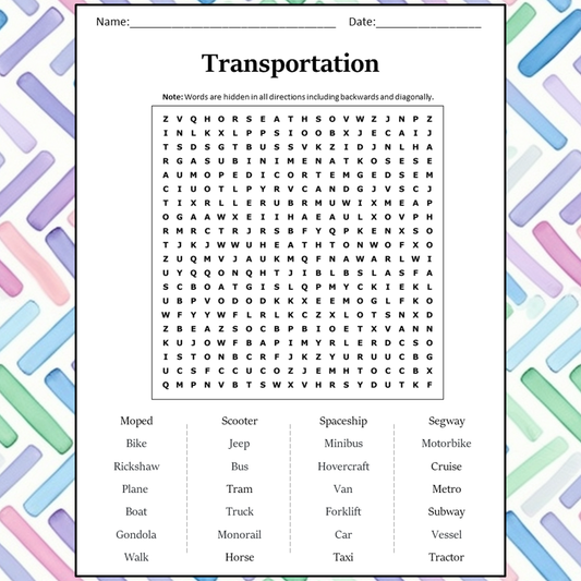 Transportation Word Search Puzzle Worksheet Activity PDF